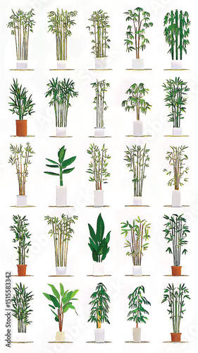 Serene Indoor Greenery: Botanical Illustrations and Potted Plants for Artistic Home Decor and Nature Study