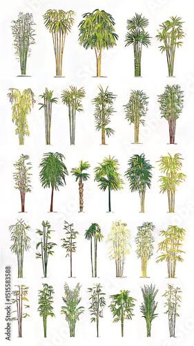 Exotic Flora Botanical Illustration: A Nature Study of Vibrant Palm Trees and Tropical Plants in Environmental Art and Decorative Design
