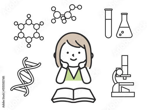 科学の勉強をする女の子のイラスト　理科に興味をもつかわいい学習シーン
