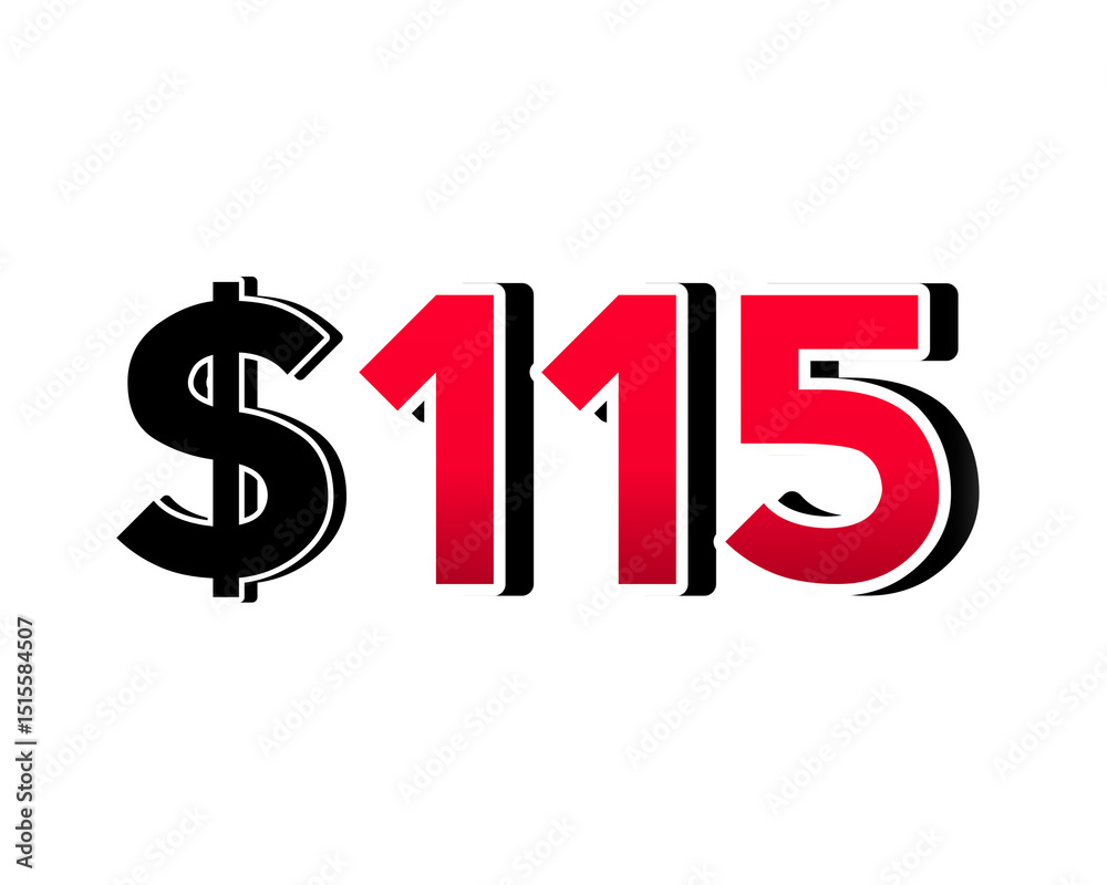 Bold red number $115 with a black dollar sign in a 3D style, featuring white and black outlines, creating a shadow effect on transparent background. Bold red number $115 with a black dollar sign in a 3D style, featuring white and black outlines, creating a shadow effect on transparent background.