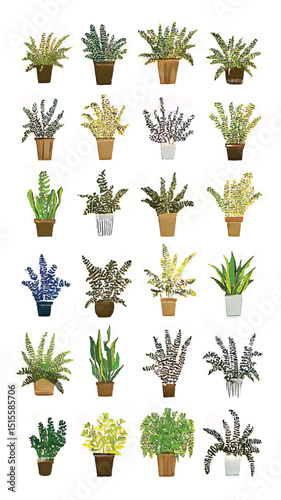 Illustrated Variety of Potted Plants: Modern Botanical Home Decor with Colorful Foliage and Greenery