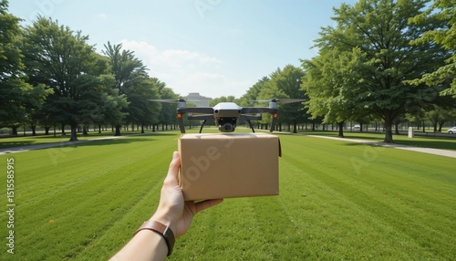Drone Delivery Service Package Arrival by Drone in a Park