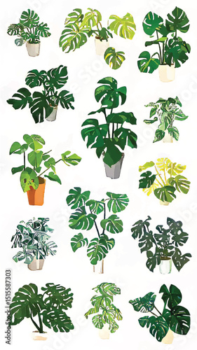 Lush Greenery and Monstera Indoor Decor: Tropical Botanical Illustration of Potted Succulents and Leafy Plants for Home Decor