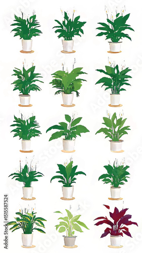 Houseplants and Indoor Plants: Creating Lush Greenery and Zen Atmosphere with Botanical Illustrations and Vibrant Potted Peace Lilies for Sustainable Home Interior Decor