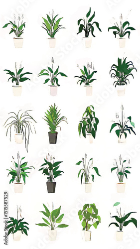 Greenery Collection: Indoor Gardening with Potted Plants and Orchids on a White Background - Enhance Home Decor with Botanical Varieties and Tropical Foliage for an Urban Jungle Lifestyle
