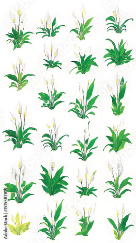 Elegant Botanical Illustration of Spring Blooming Orchid and Peace Lily: Green White Floral Design for Vibrant Home Decor