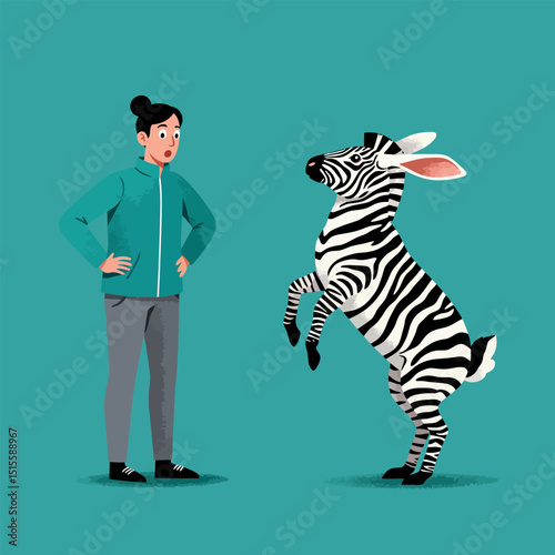 Surprised Woman Watching Zebra Standing on Hind Legs Illustration