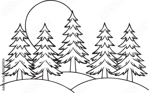 pine tree line clipart vector, pine tree line silhouette vector black and white