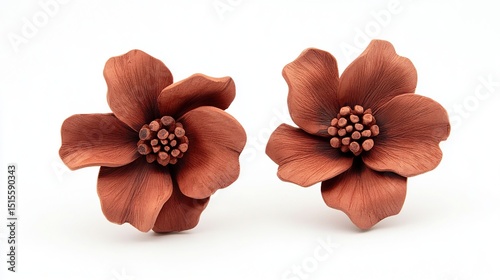 Pair of terracotta-colored polymer clay flower earrings, showcasing five-petal blossoms with textured centers.  photo