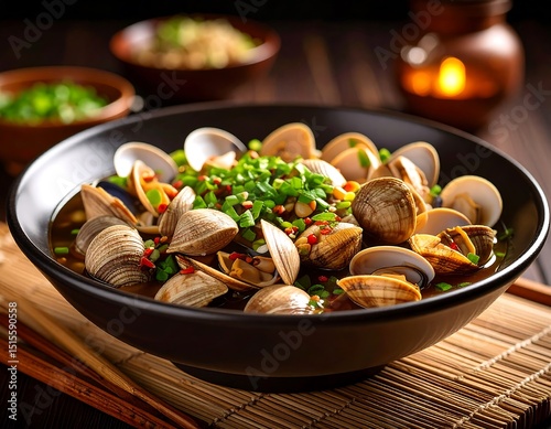 Steamed clams in dark bowl