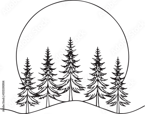 pine tree line clipart vector, pine tree line silhouette vector black and white