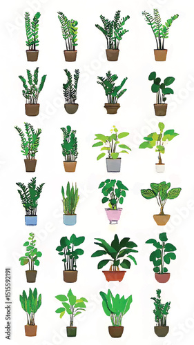 Indoor Greenery: Botanical Illustration of Vibrant Potted Plants and Foliage Diversity for Eco-Friendly Home Ambiance