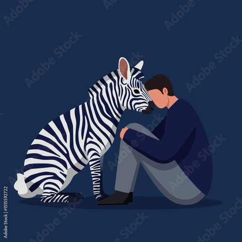 Man and Zebra Sitting Together Sadness and Friendship Conceptual Image