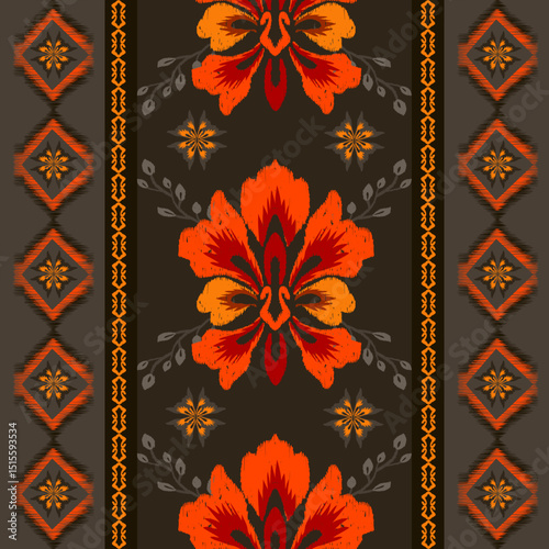 Ikat seamless floral pattern on red brown tone , Motif ethnic floral seamless textil, embroidery, print striped ornament floral, pattern, design for wrapping, silk, scarf, background, text