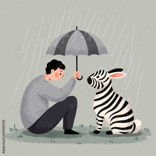 Protecting Zebra Rabbit From Rain with Umbrella Illustration