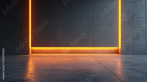 Modern Minimalist Interior Design with Yellow Neon Light Frame Against Dark Concrete Wall Texture