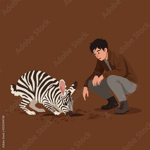 Man Watching Zebra Rabbit Digging Hole in the Ground Illustration