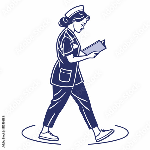 Nurse walking while reading patient chart