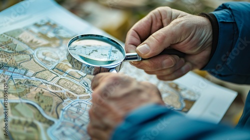 Person examining a map with a magnifying glass.  Close-up of hands holding the magnifying glass over a map