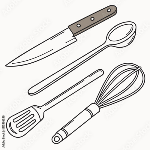 Kitchen utensils line art cooking tools illustration