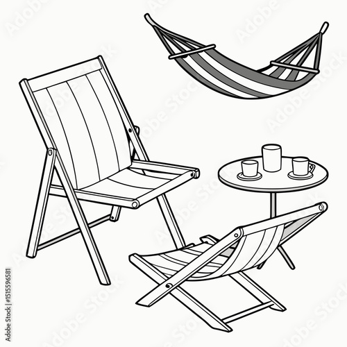Relaxing summer hammock scene folding chairs table drinks