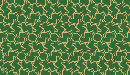 Decorative background with triangles. Curved lines. Vector illustration. Green, gold color. Bright background for poster, banner, flyer. Seamless