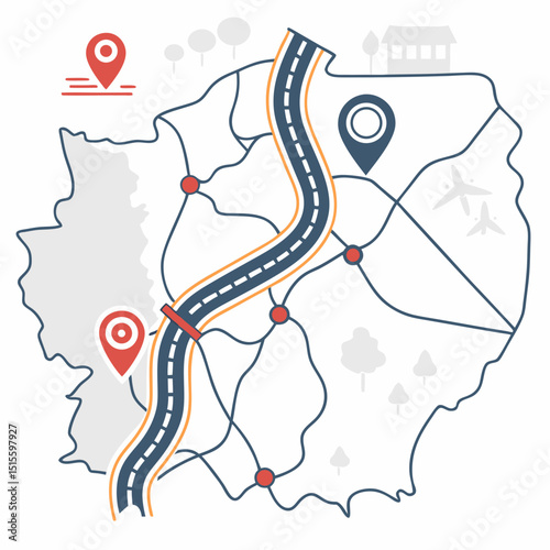 Simple map illustration road trip route planning