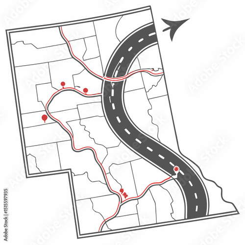 Simple illustrated map showing road and locations