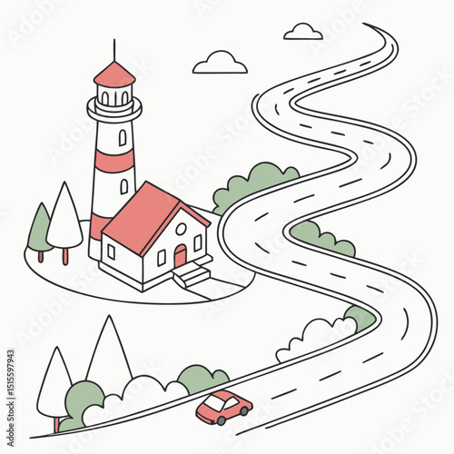 Winding road leading to coastal lighthouse and house