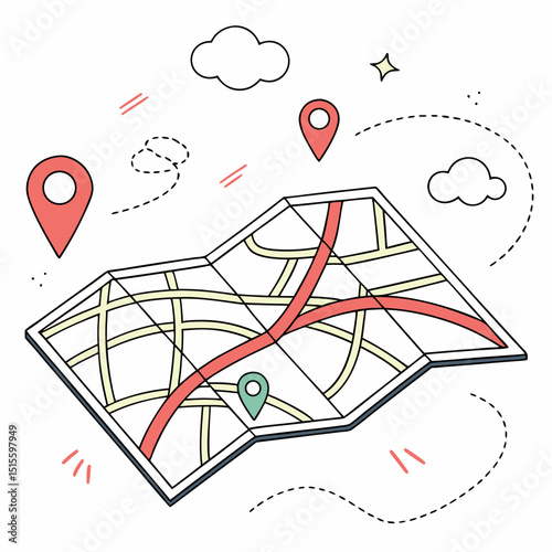 Folded map with location pins route planning travel