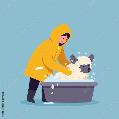 Person Bathing Sheep in Tub Wearing Yellow Raincoat Illustration