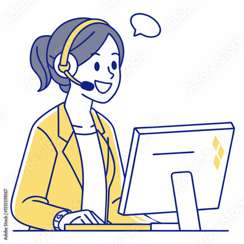 Happy customer service representative working on computer