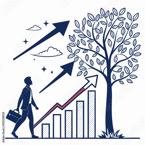Businessman walking towards growth chart and tree
