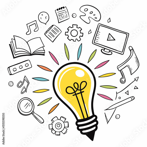 Bright idea lightbulb with doodle icons transparent background