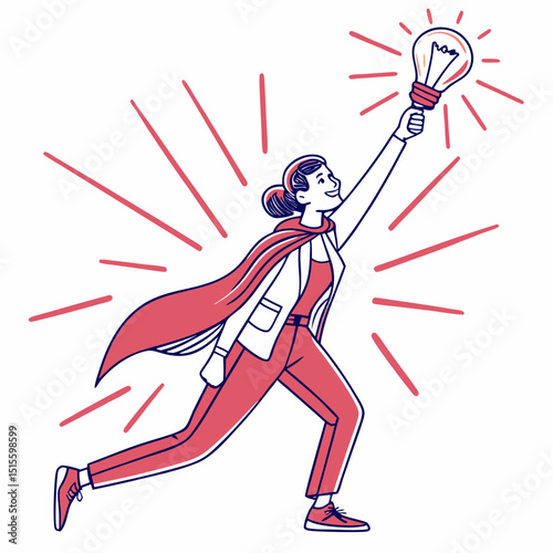 Superwoman running with bright idea lightbulb