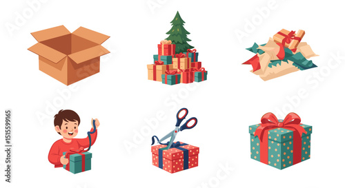Collection of christmas themed images featuring gifts tree scissors and a boy opening a present box