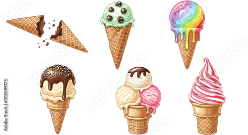 Colorful ice cream cones in different styles and flavors – summer treat illustration