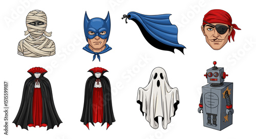 Halloween costumes with batgirl, vampire, and ghost – spooky character vector illustration