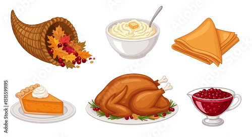 Thanksgiving dinner with mashed potatoes and turkey – festive holiday food illustration