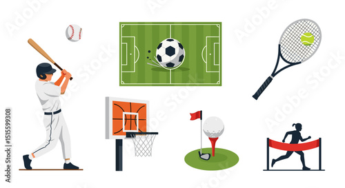 Illustration of various sports including baseball, soccer, tennis, basketball, golf and running