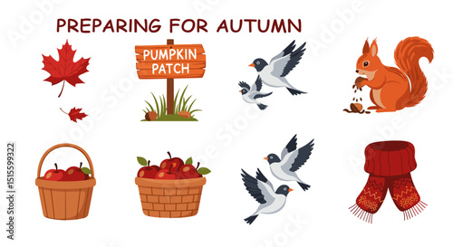 Illustration of autumn elements including leaves, birds, baskets, squirrel and scarf items for fall season