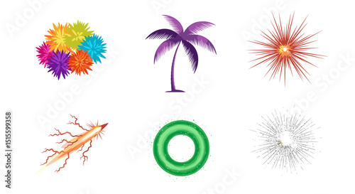 A collection of diverse cliparts including flowers palm tree lightning and a green zero shape object