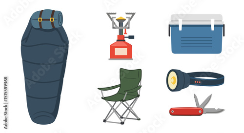 Illustration of camping equipment including sleeping bag stove cooler chair headlamp and pocket knife items