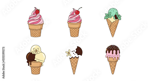 Illustration of six ice cream cones with various flavors and toppings on a white background view