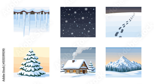 Collection of winter themed images including icicles snowflakes footprints a tree a house and a mountain