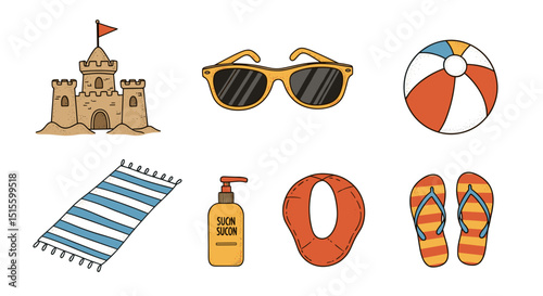 Illustration of beach essentials including a sandcastle sunglasses beach ball and more items for summer fun