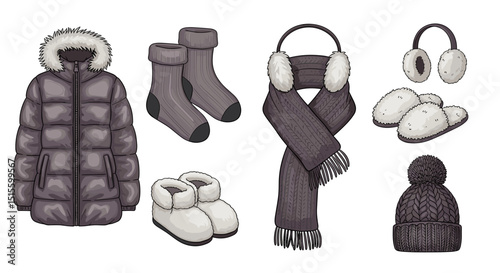 Illustration of winter clothing items including a coat socks slippers scarf earmuffs and a hat