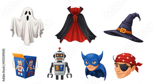 A collection of halloween costumes including a ghost vampire cape witch hat robot and superhero pirate