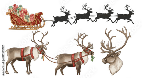 Illustration of santa's sleigh filled with gifts pulled by reindeer in silhouette and color images