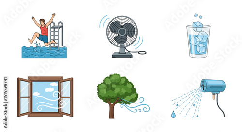 Illustrations depicting ways to cool down including swimming fan ice window tree and mister device use for cooling